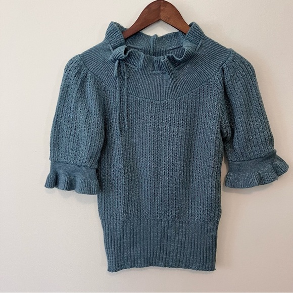 VTG Women’s 90s Pandora Blue Metallic Sweater Ruffled Edge 3/4 Sleeve Sz. S - Picture 1 of 9